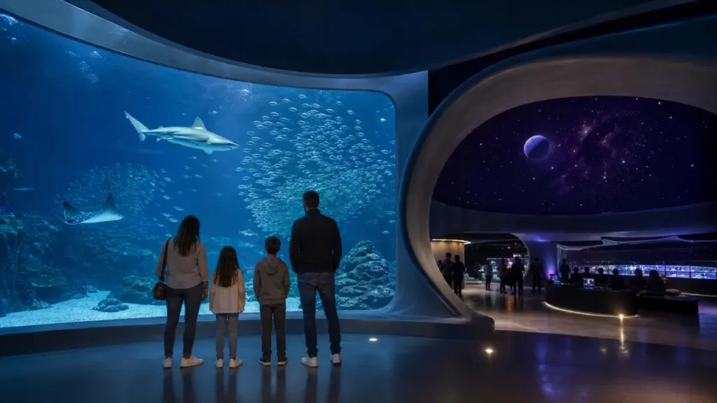 Famille devant le grand bassin de Planet Ocean Montpellier, à Odysseum